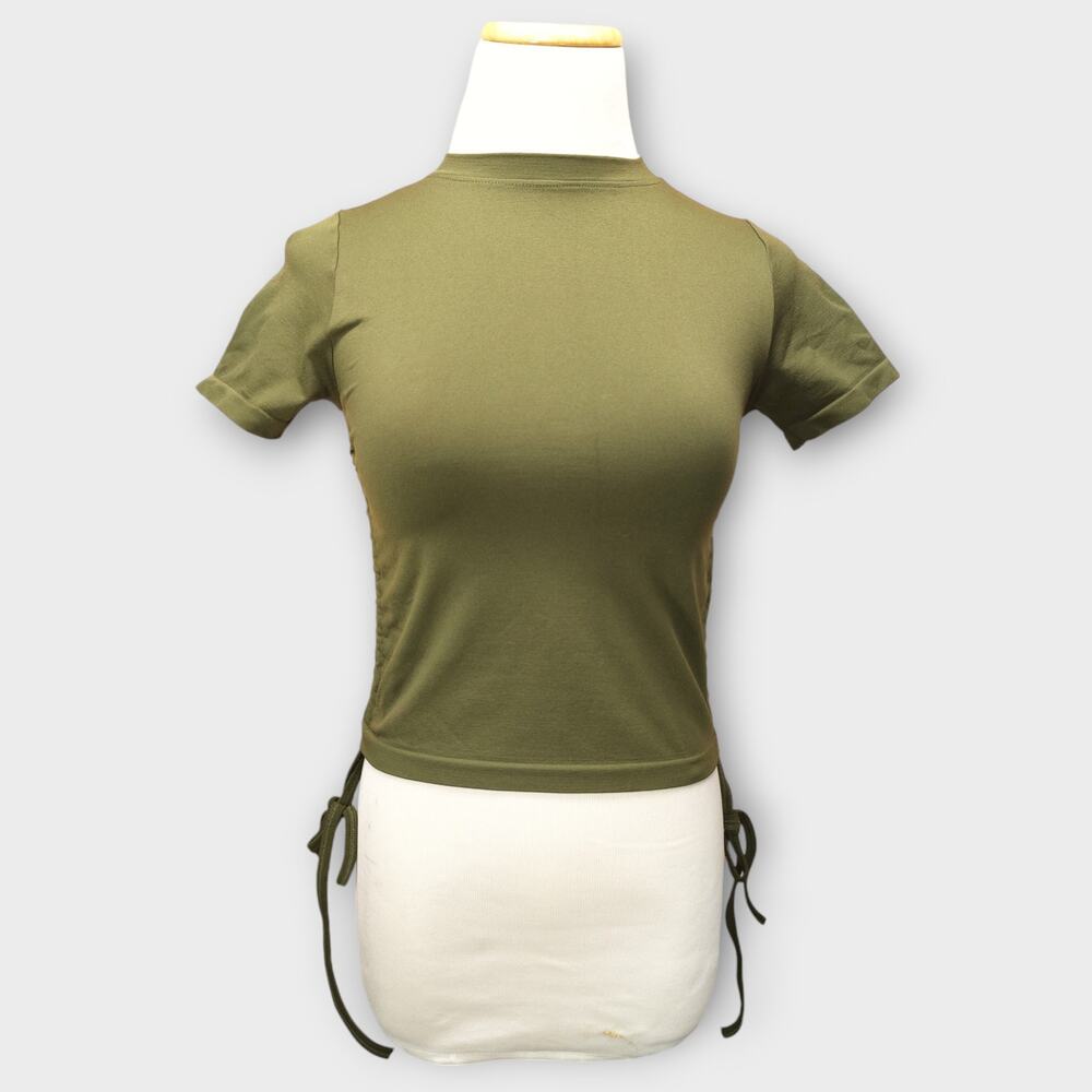 Womens AURA Stretchy Green Mid Riff Top Drawstring Sides Size Medium